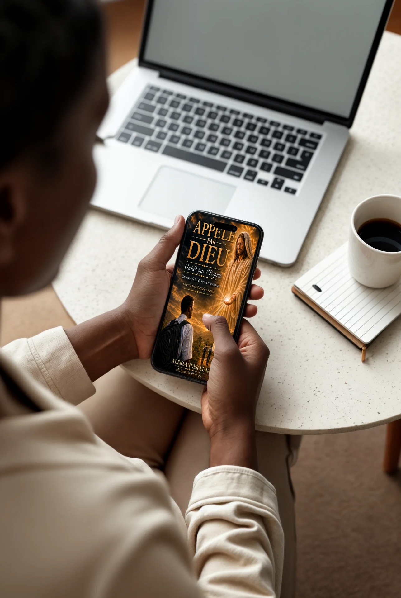 Lecteur découvrant Appelé par Dieu sur smartphone avec un café