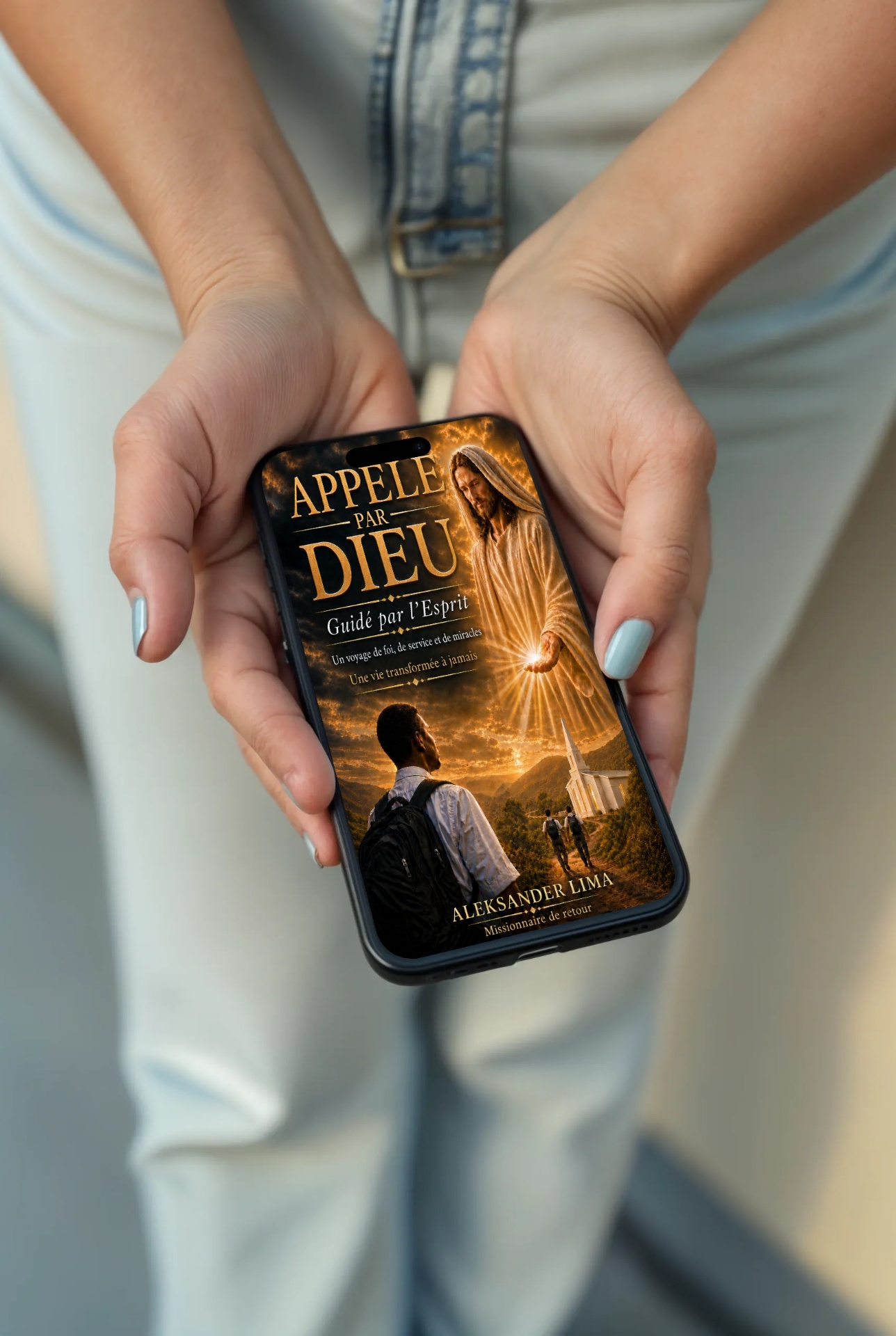 Lectrice tenant l'ebook Appelé par Dieu sur smartphone