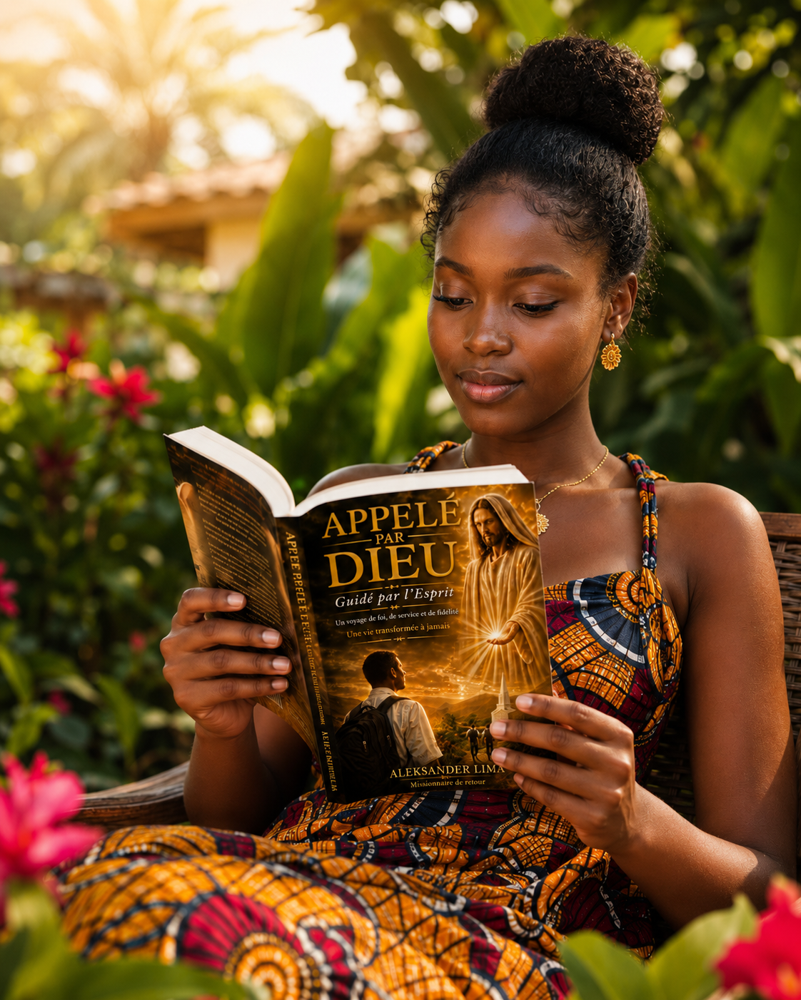 Lectrice lisant Appelé par Dieu dans un jardin tropical