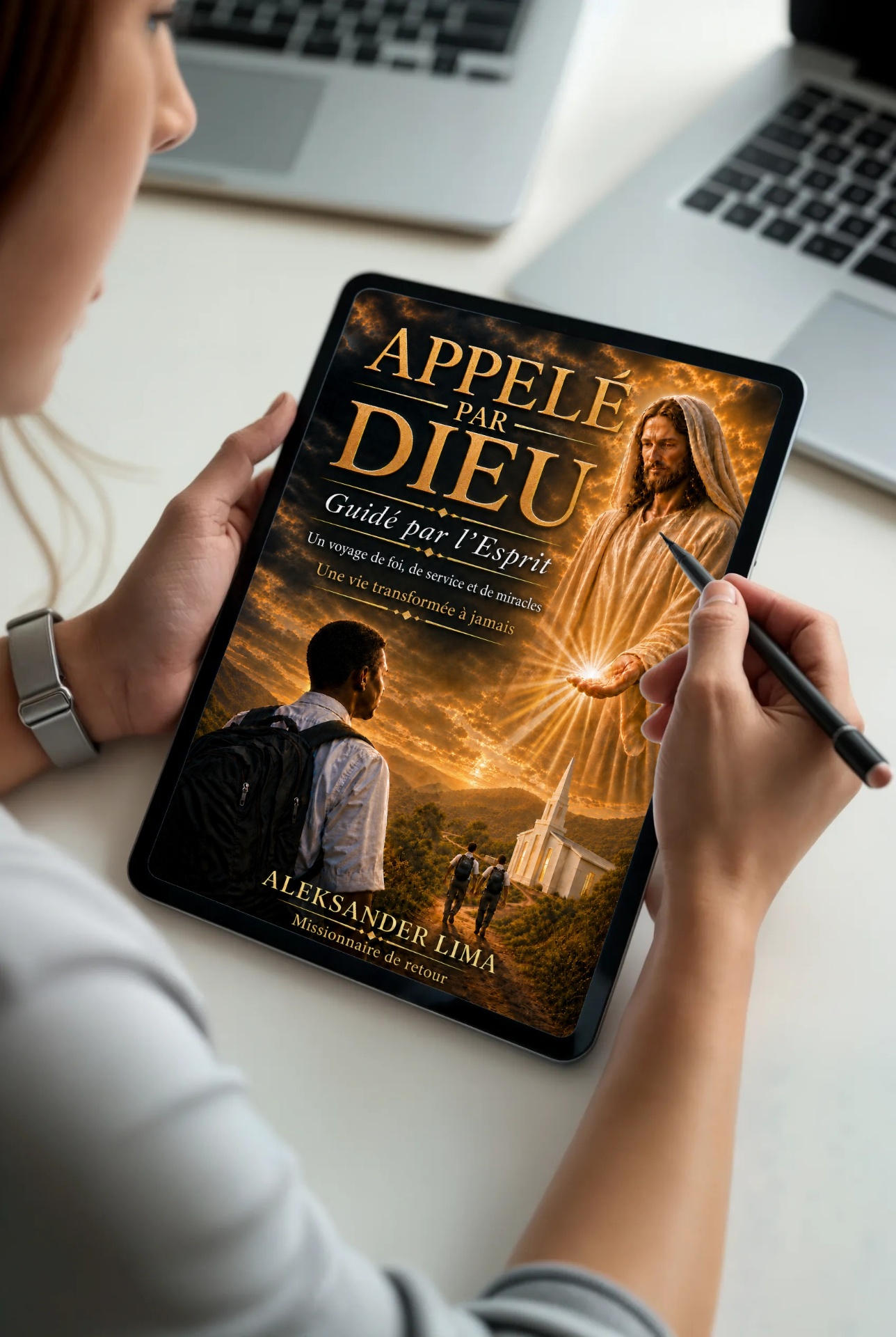 Lectrice lisant Appelé par Dieu sur tablette au bureau