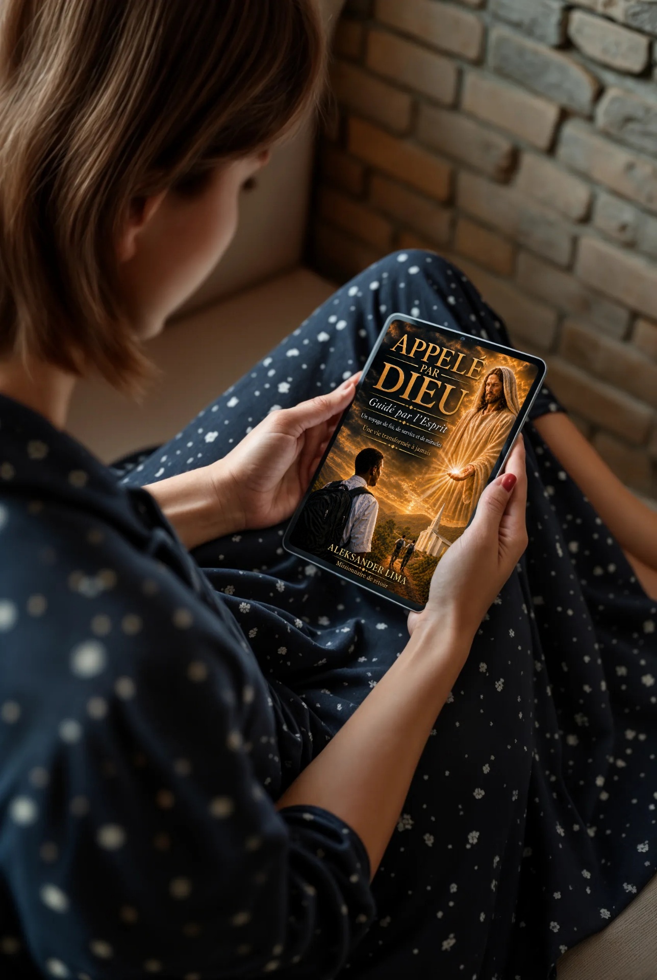 Lectrice savourant Appelé par Dieu sur tablette dans un moment de calme